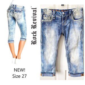NEW ROCK REVIVAL XIA Sequin Embellish Acid Wash Crop Denim Jeans Shorts 27